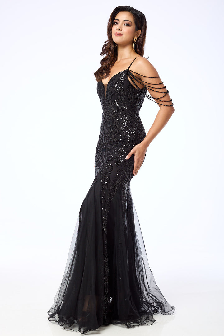 Alora - Black Jewelled Shoulder Sequin Maxi Dress