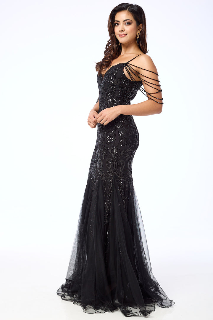 Alora - Black Jewelled Shoulder Sequin Maxi Dress