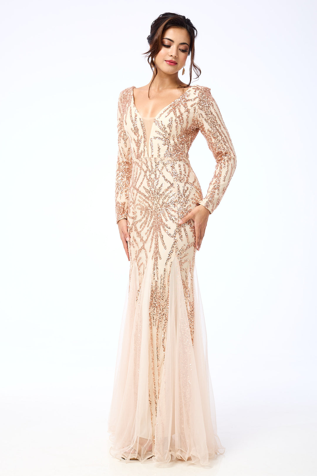 Aya - Gold Long Sleeve Sequin Maxi Dress