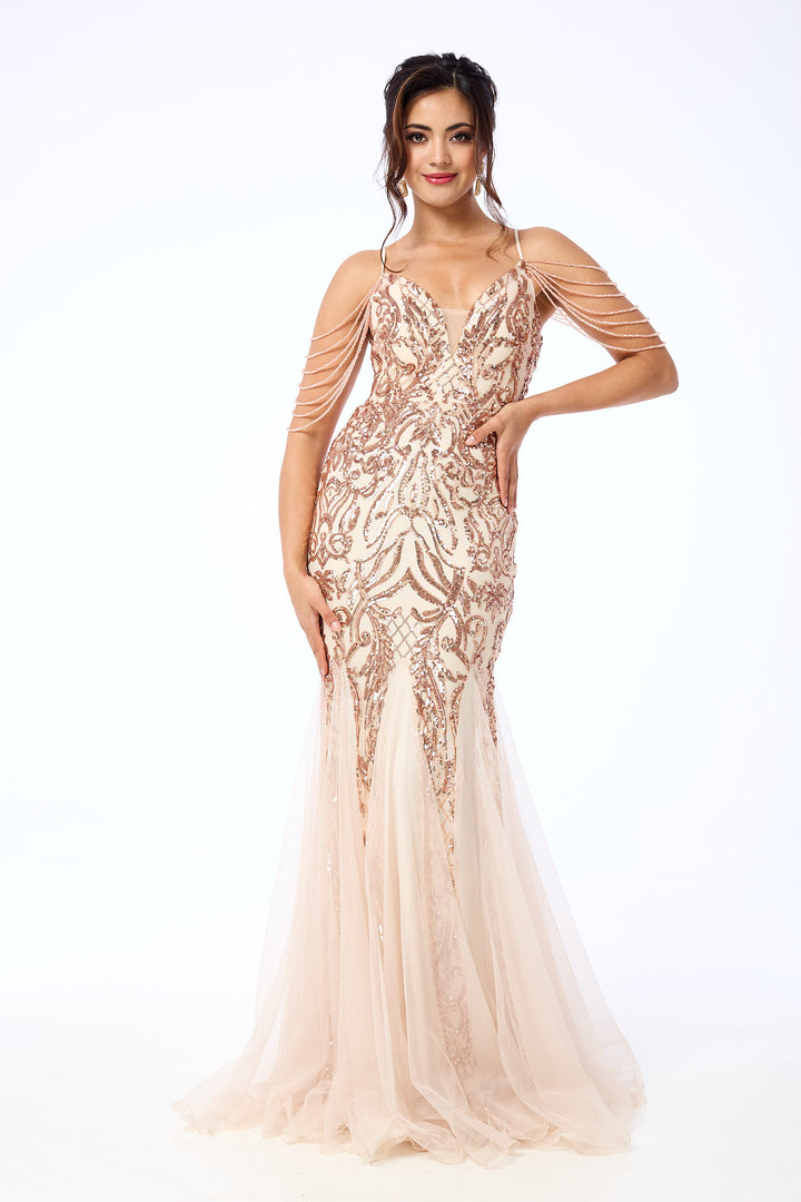 Diora - Gold Jewelled Shoulder Sequin Maxi Dress
