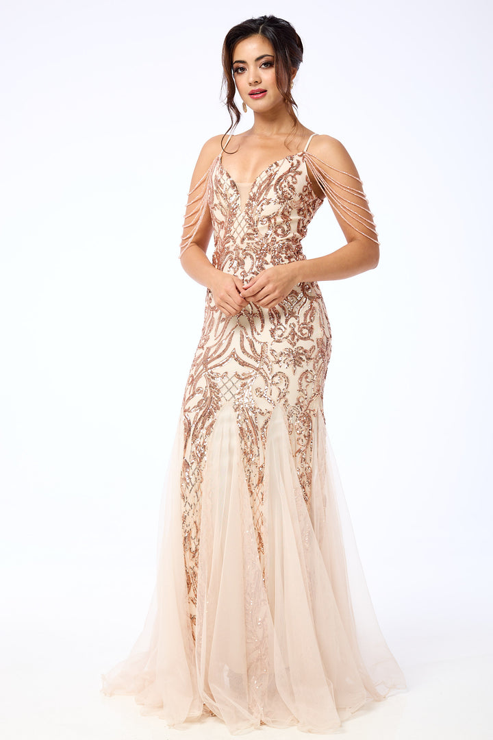 Diora - Gold Jewelled Shoulder Sequin Maxi Dress