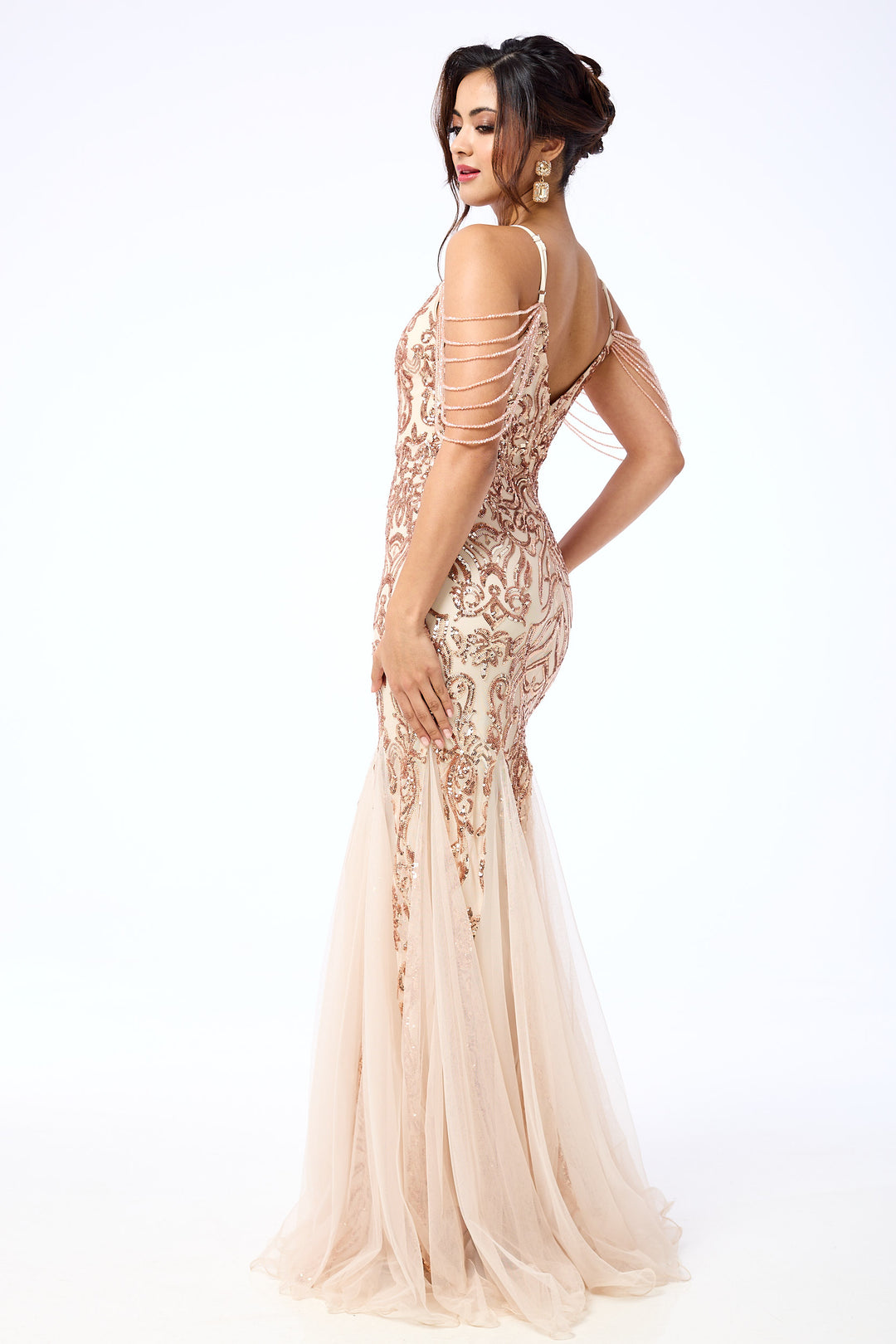 Diora - Gold Jewelled Shoulder Sequin Maxi Dress