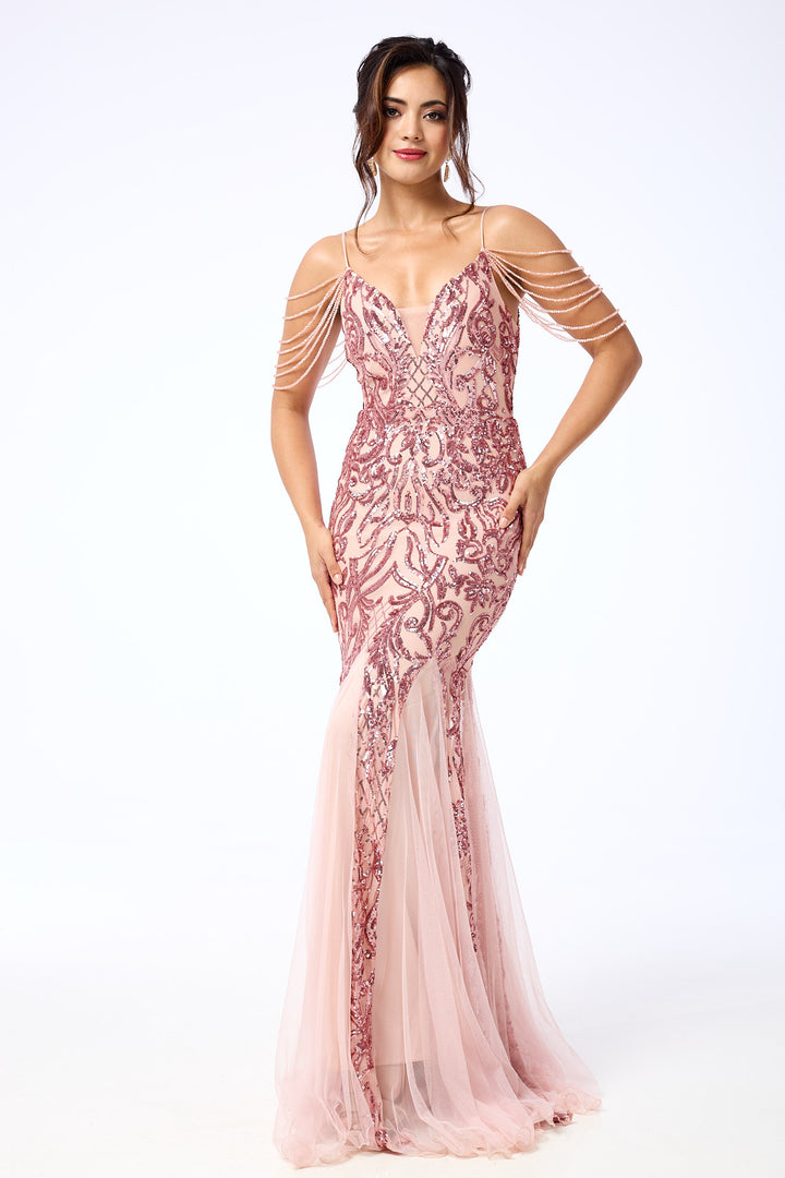 Enora - Pink Jewelled Shoulder Sequin Maxi Dress