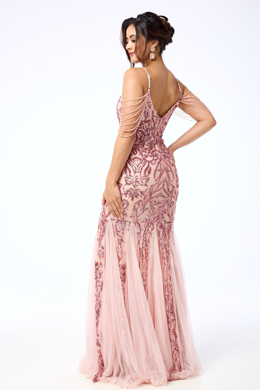 Enora - Pink Jewelled Shoulder Sequin Maxi Dress