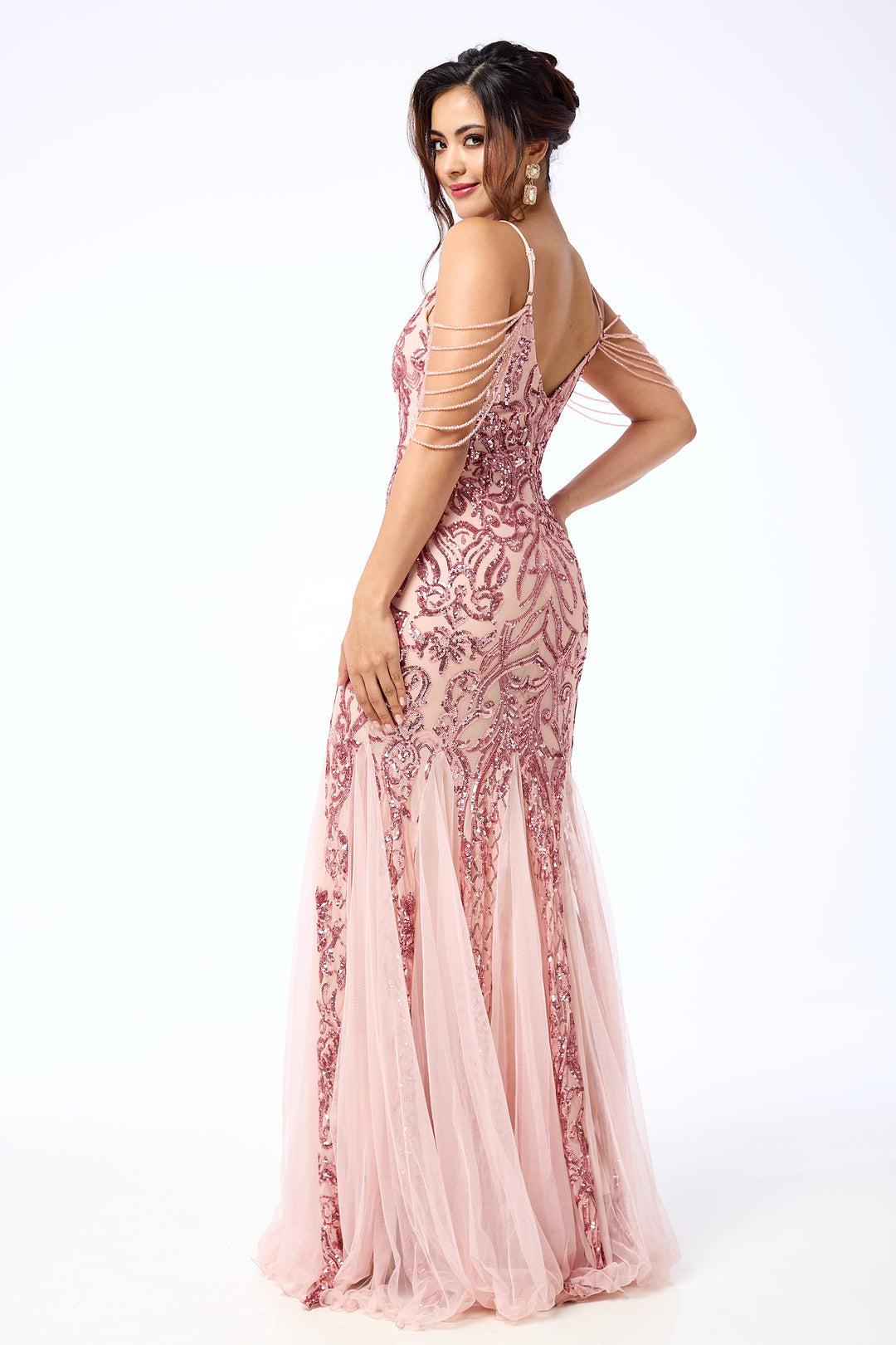 Enora - Pink Jewelled Shoulder Sequin Maxi Dress
