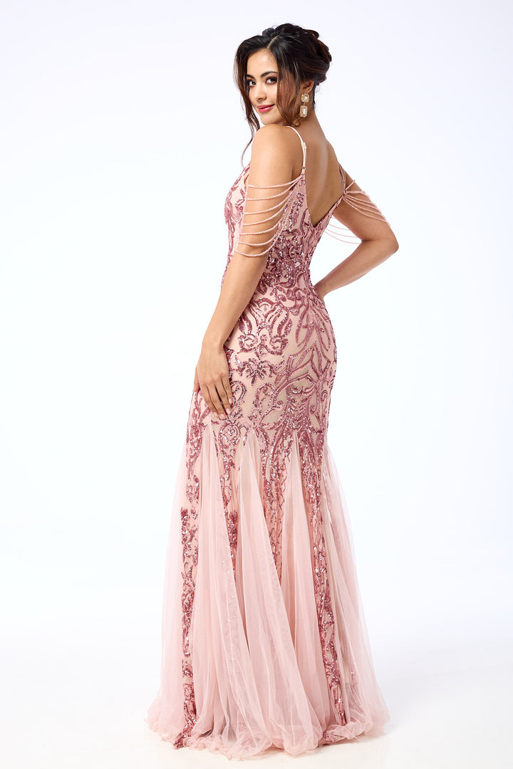 Enora - Pink Jewelled Shoulder Sequin Maxi Dress