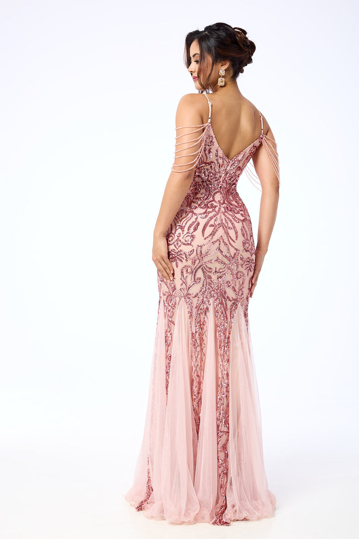 Enora - Pink Jewelled Shoulder Sequin Maxi Dress