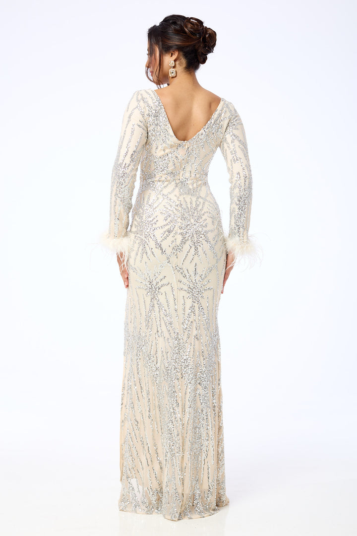 Fayra - Silver Side Slit Sequin Maxi Dress