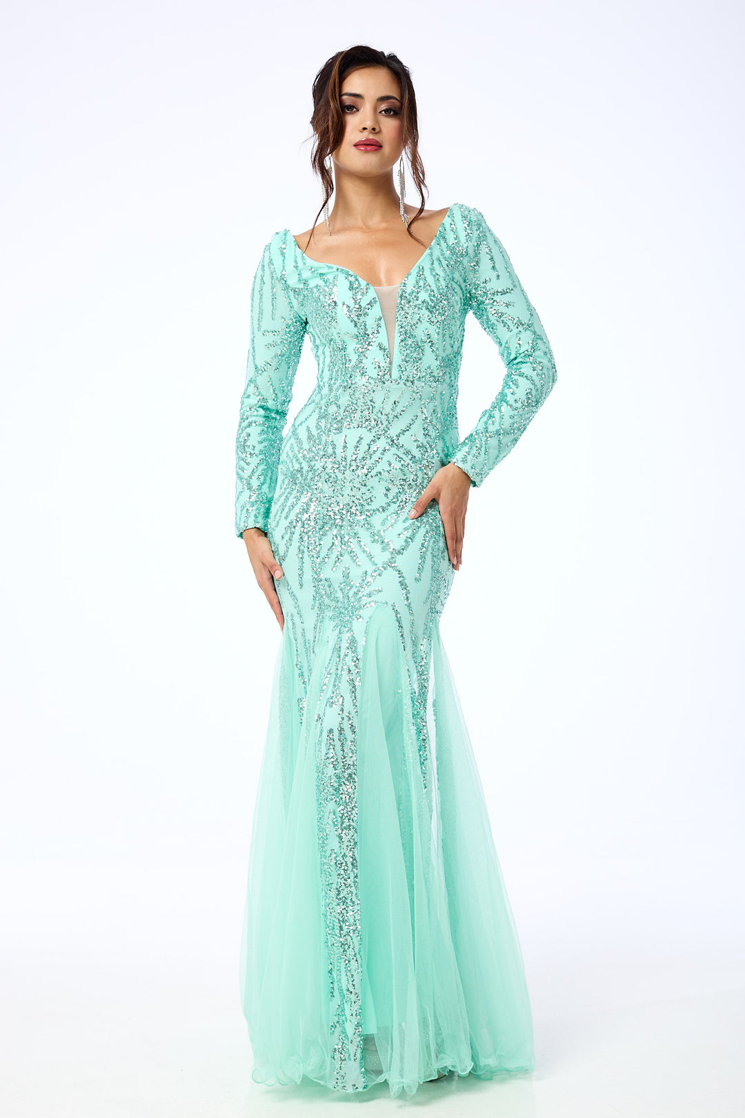 Eliza - Mint Long Sleeve Sequin Maxi Dress