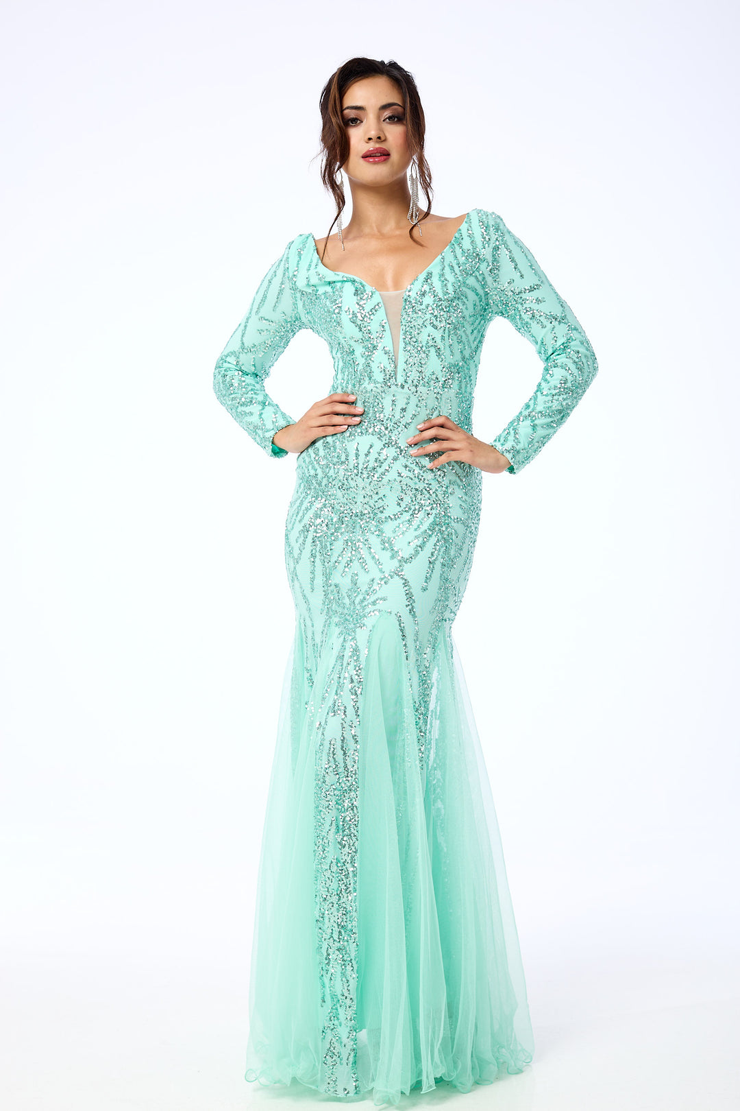 Eliza - Mint Long Sleeve Sequin Maxi Dress