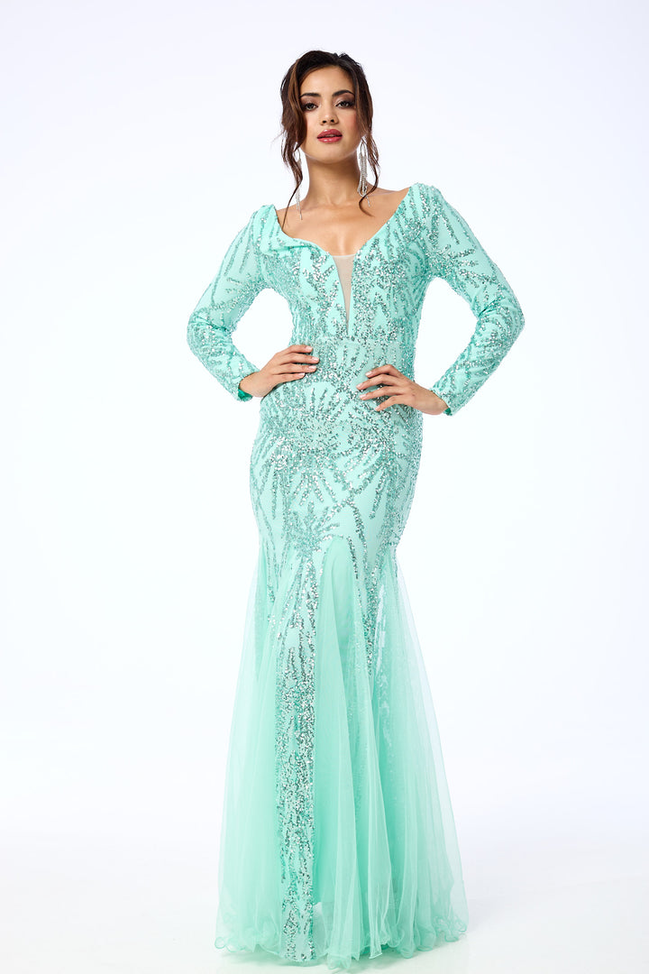 Eliza - Mint Long Sleeve Sequin Maxi Dress