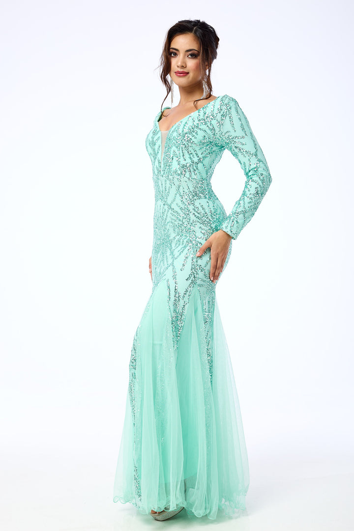 Eliza - Mint Long Sleeve Sequin Maxi Dress