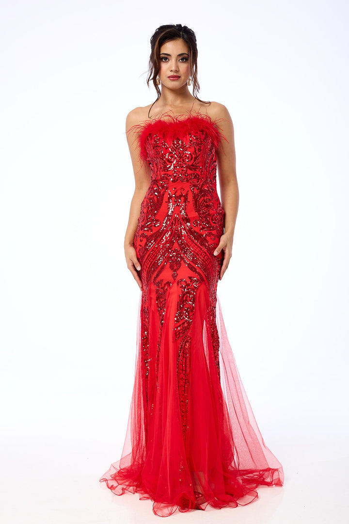 Lenora - Red Bandeau Sequin Maxi Dress