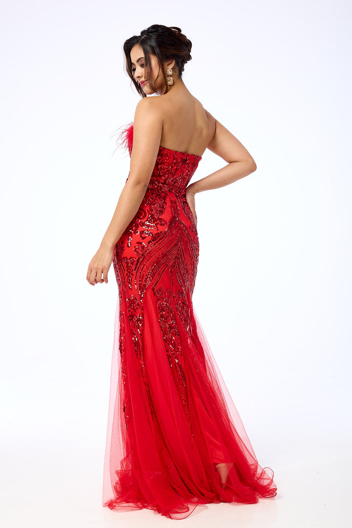 Lenora - Red Bandeau Sequin Maxi Dress