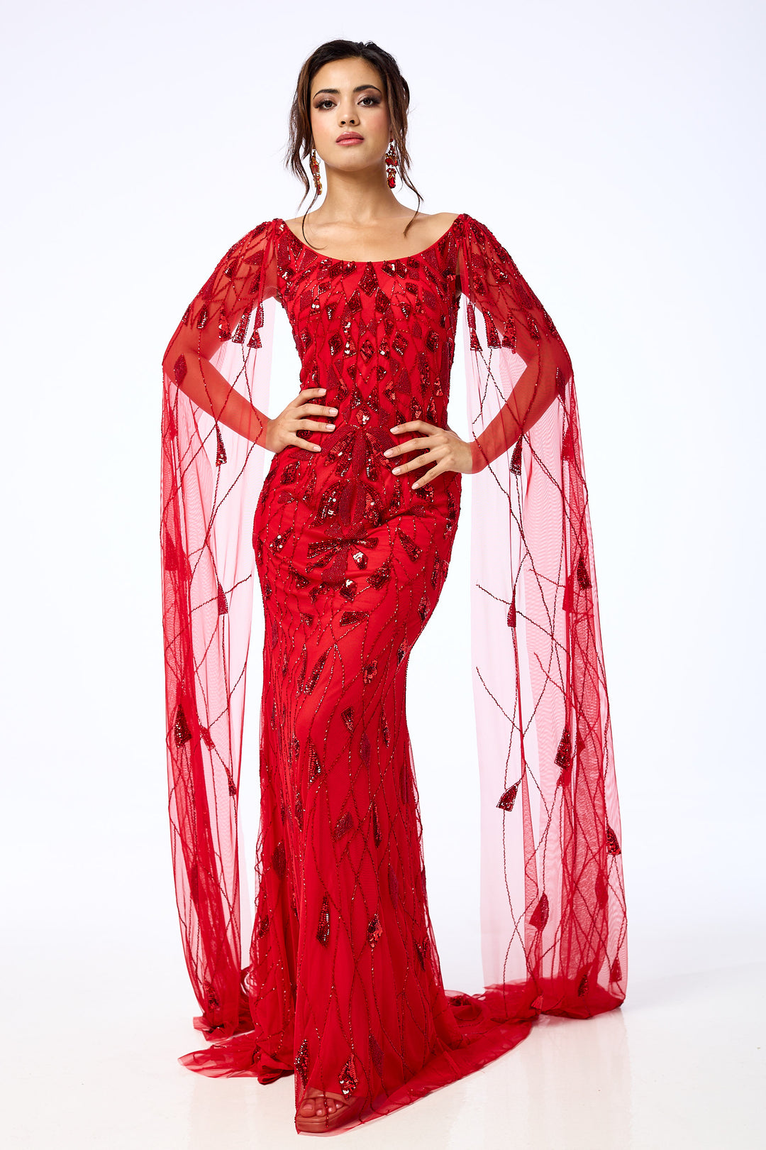 Azara - Red Draped Sleeve Sequin Maxi Dress