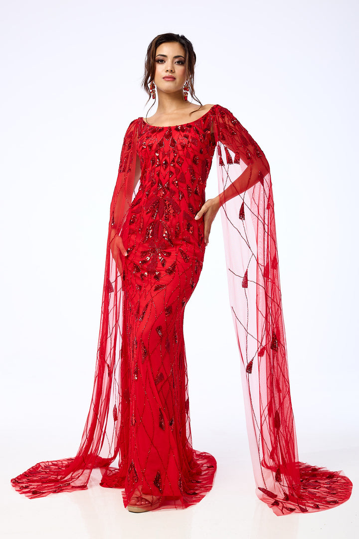 Azara - Red Draped Sleeve Sequin Maxi Dress