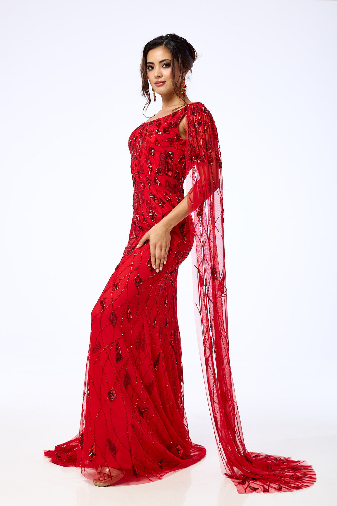 Azara - Red Draped Sleeve Sequin Maxi Dress