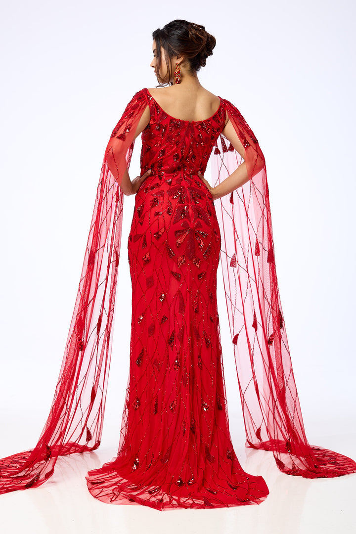 Azara - Red Draped Sleeve Sequin Maxi Dress