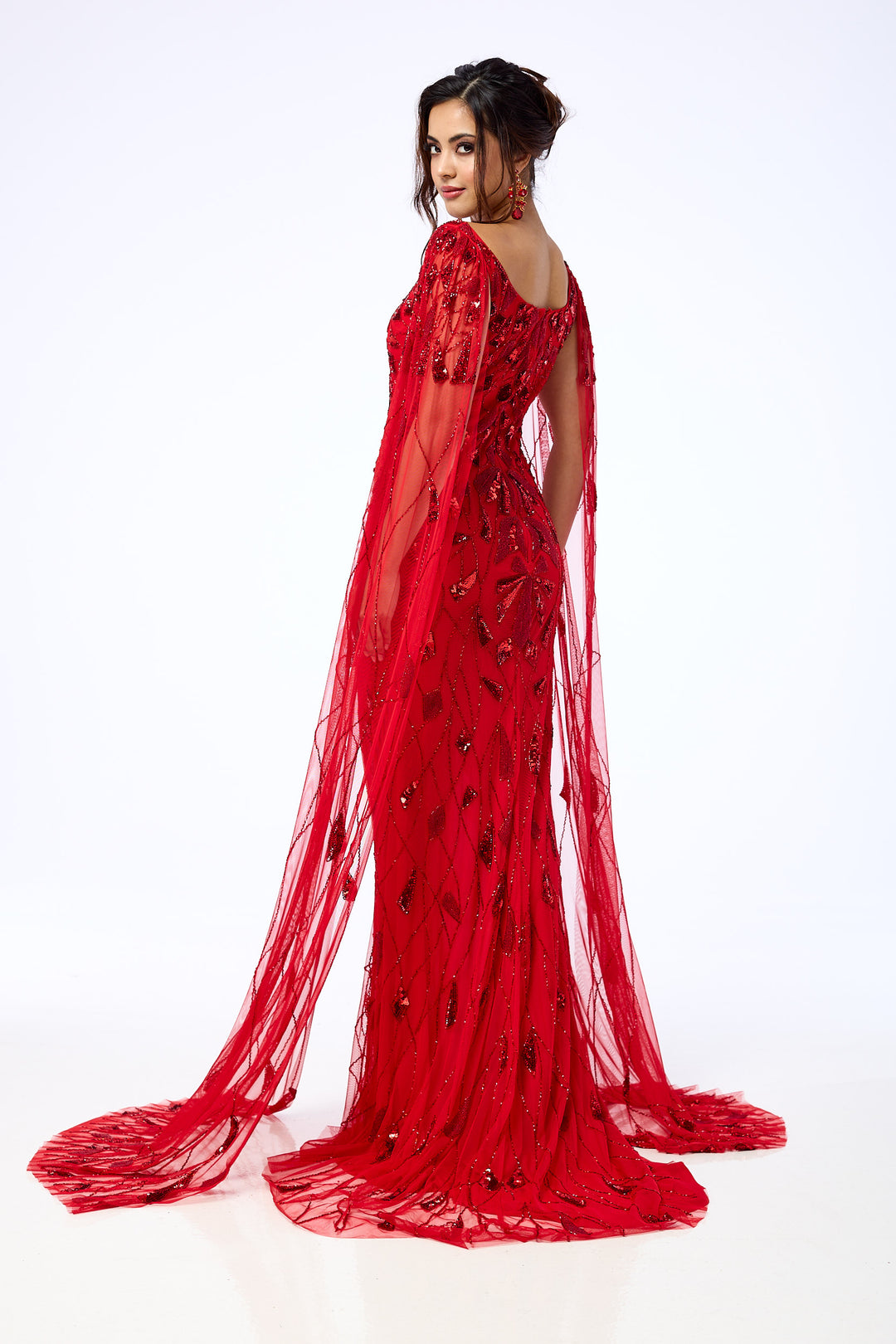 Azara - Red Draped Sleeve Sequin Maxi Dress