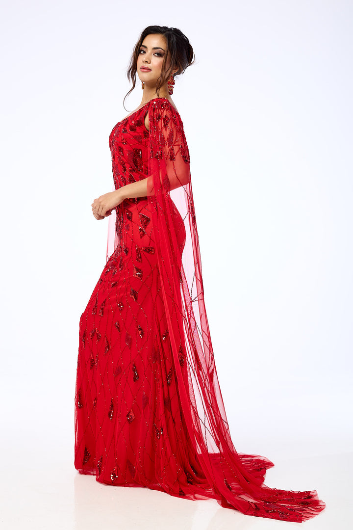 Azara - Red Draped Sleeve Sequin Maxi Dress