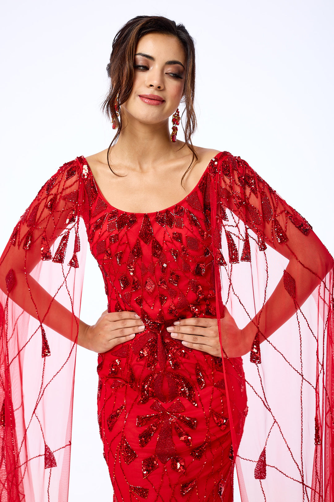 Azara - Red Draped Sleeve Sequin Maxi Dress