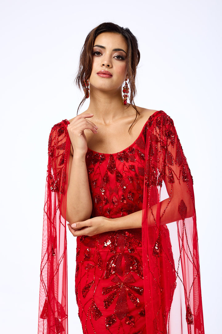 Azara - Red Draped Sleeve Sequin Maxi Dress