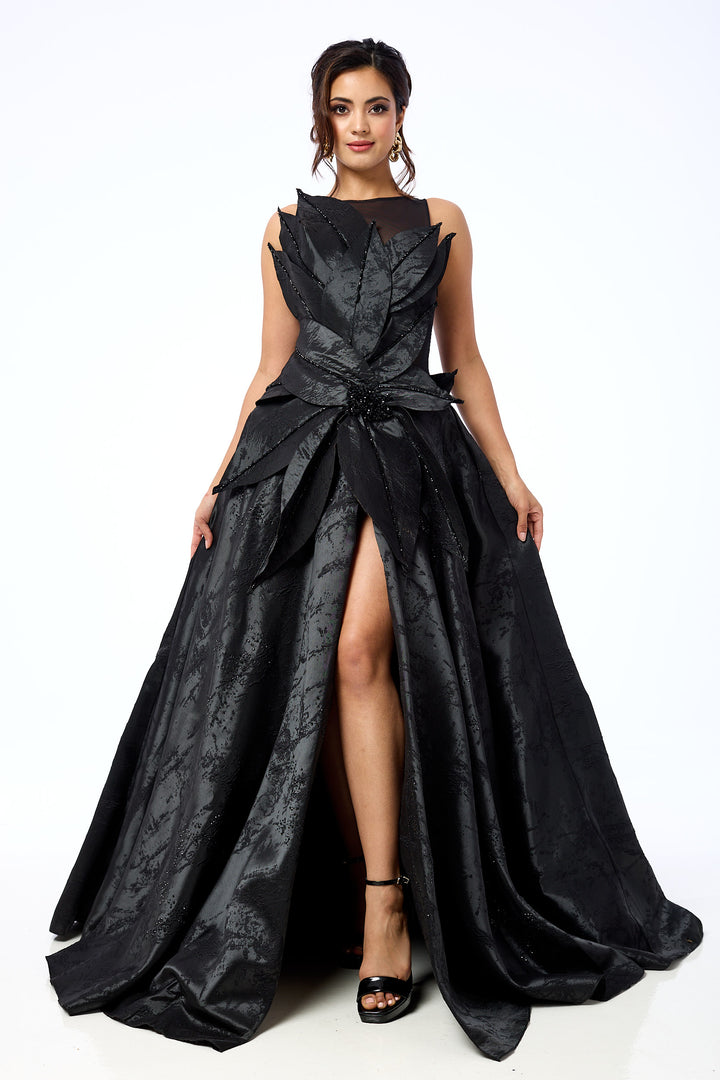 Obsidian Camellia - Black Leaf‑Appliqué Structured Maxi Gown
