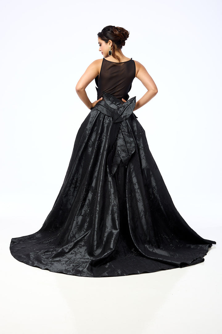 Obsidian Camellia - Black Leaf‑Appliqué Structured Maxi Gown