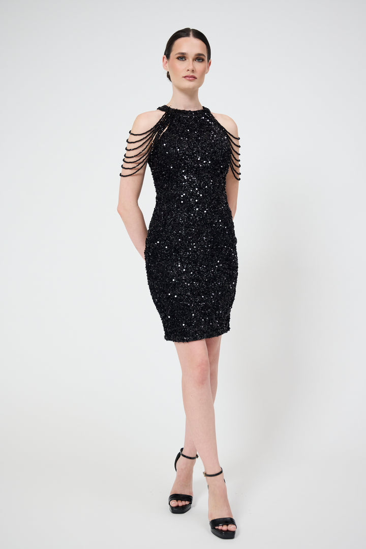 Nia - Black Jewel Shoulder Sequin Mini Dress