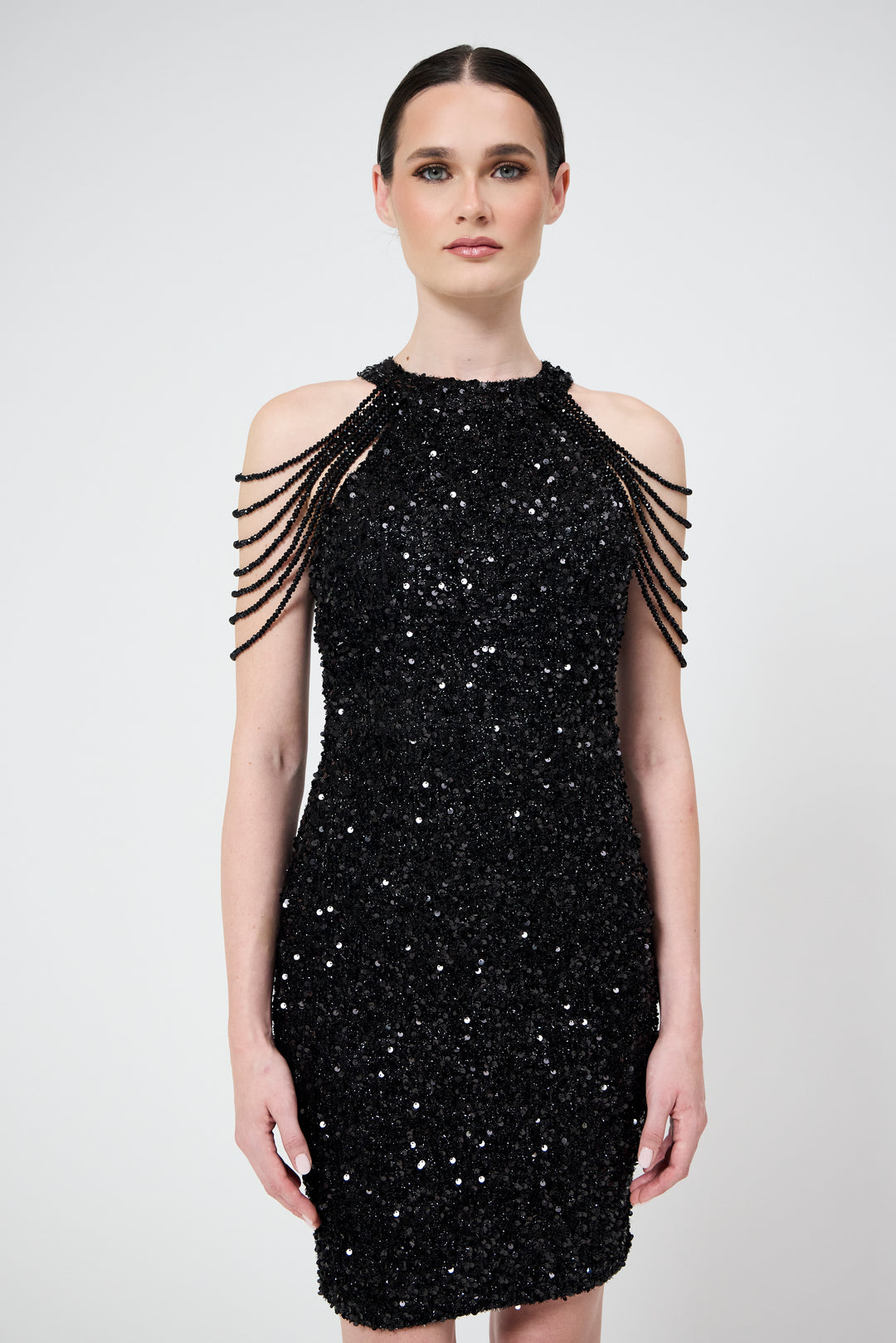Nia - Black Jewel Shoulder Sequin Mini Dress