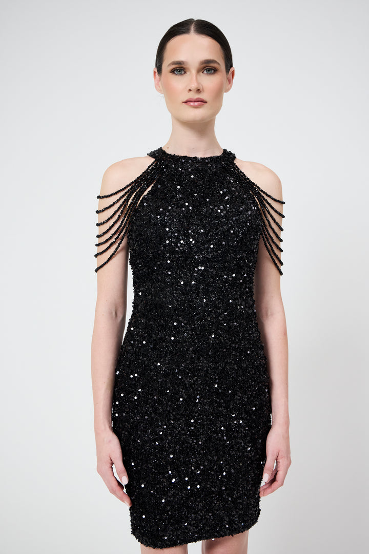 Nia - Black Jewel Shoulder Sequin Mini Dress