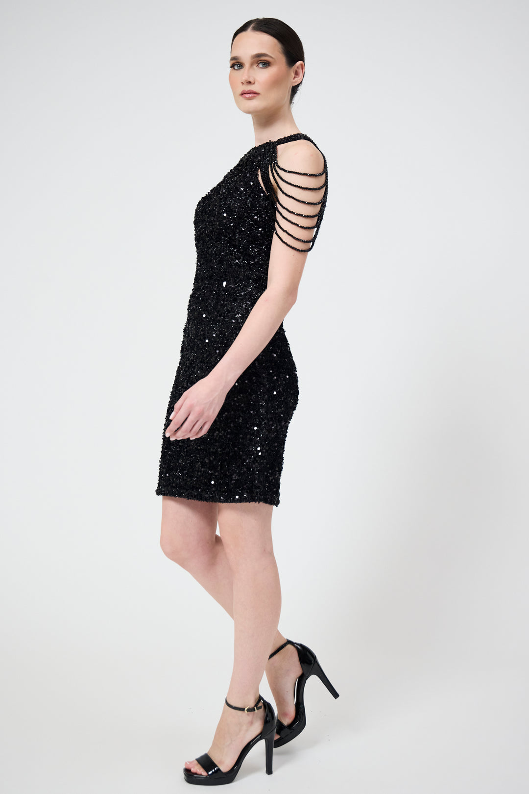 Nia - Black Jewel Shoulder Sequin Mini Dress