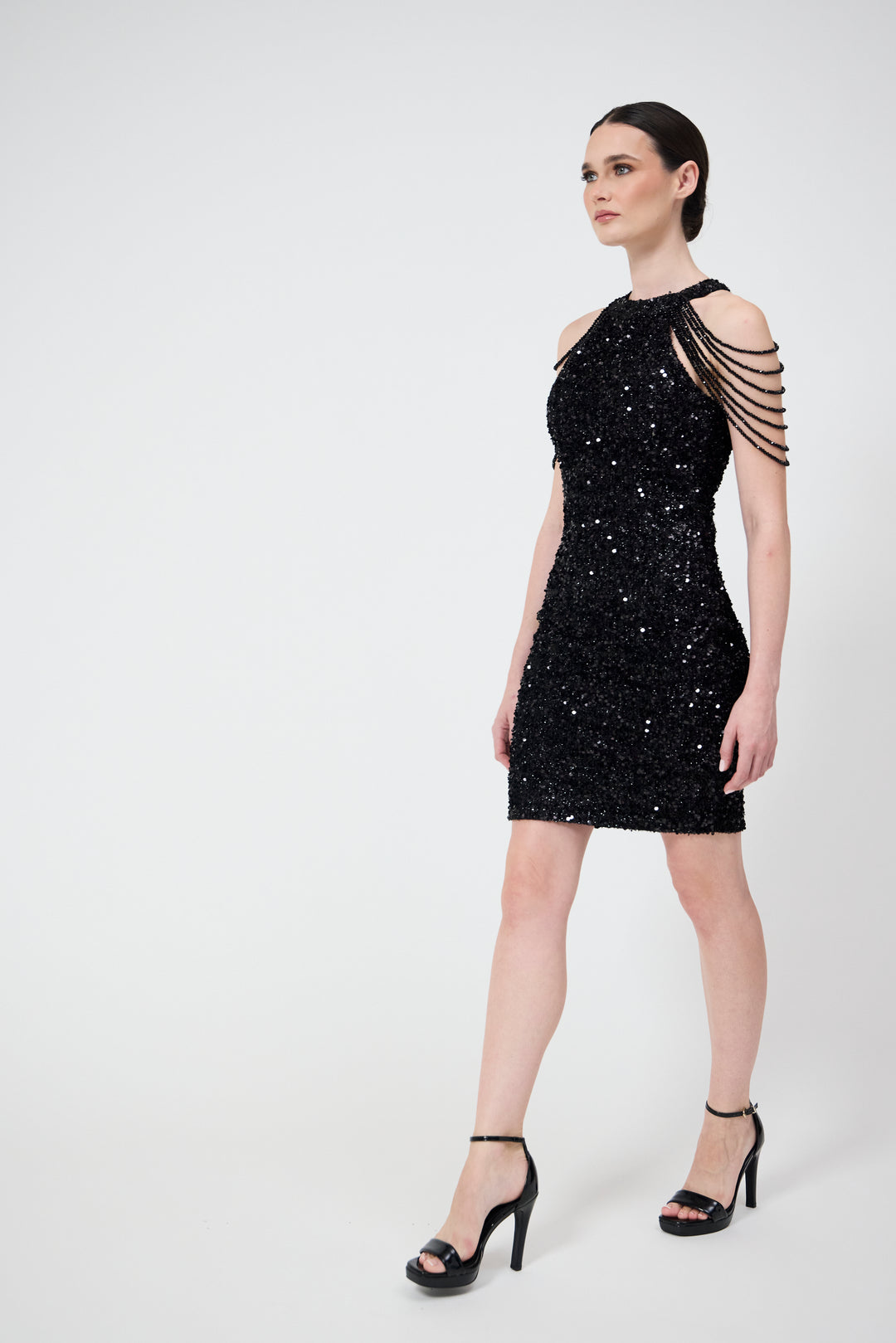 Nia - Black Jewel Shoulder Sequin Mini Dress