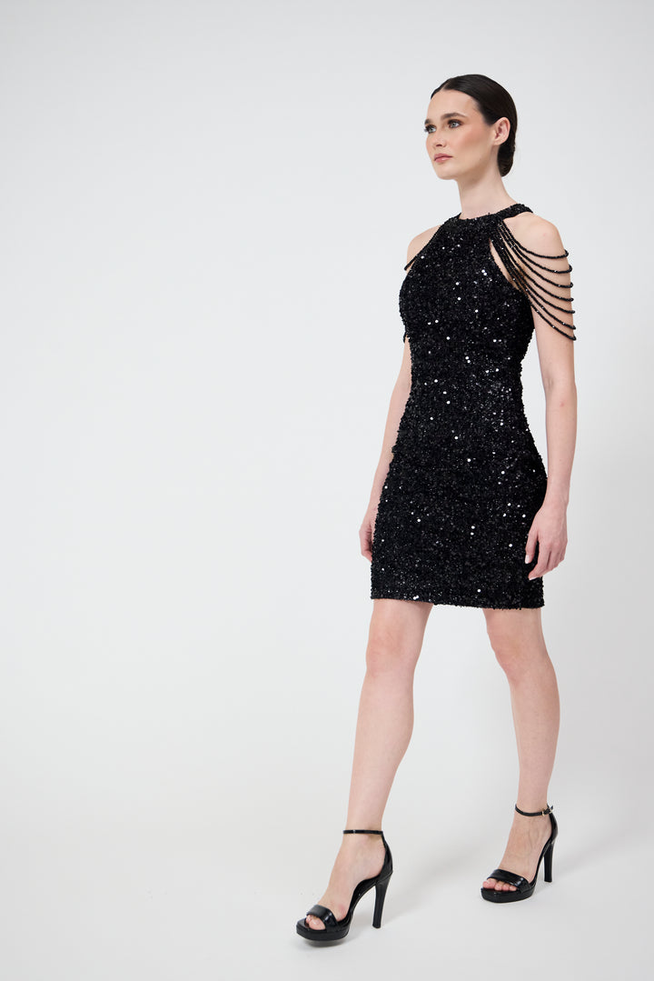 Nia - Black Jewel Shoulder Sequin Mini Dress
