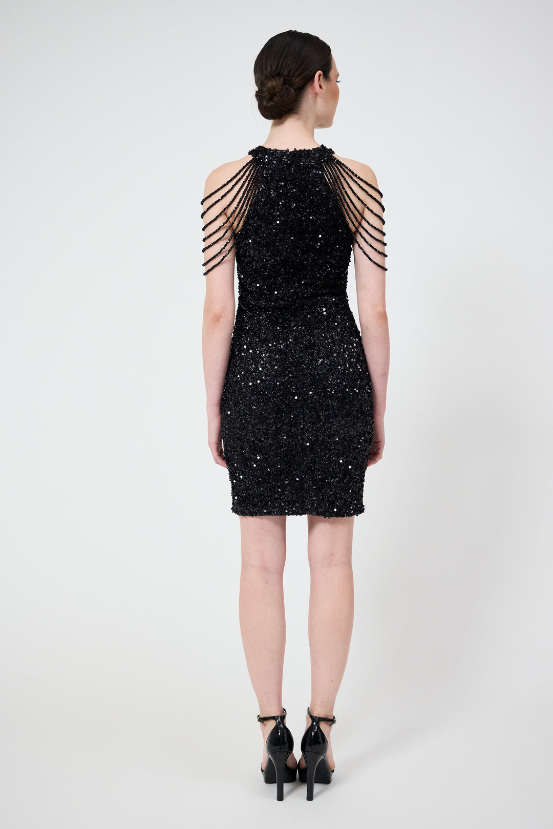 Nia - Black Jewel Shoulder Sequin Mini Dress