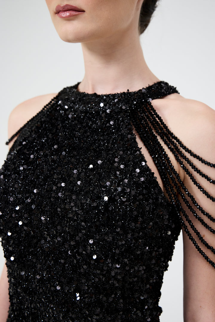 Nia - Black Jewel Shoulder Sequin Mini Dress