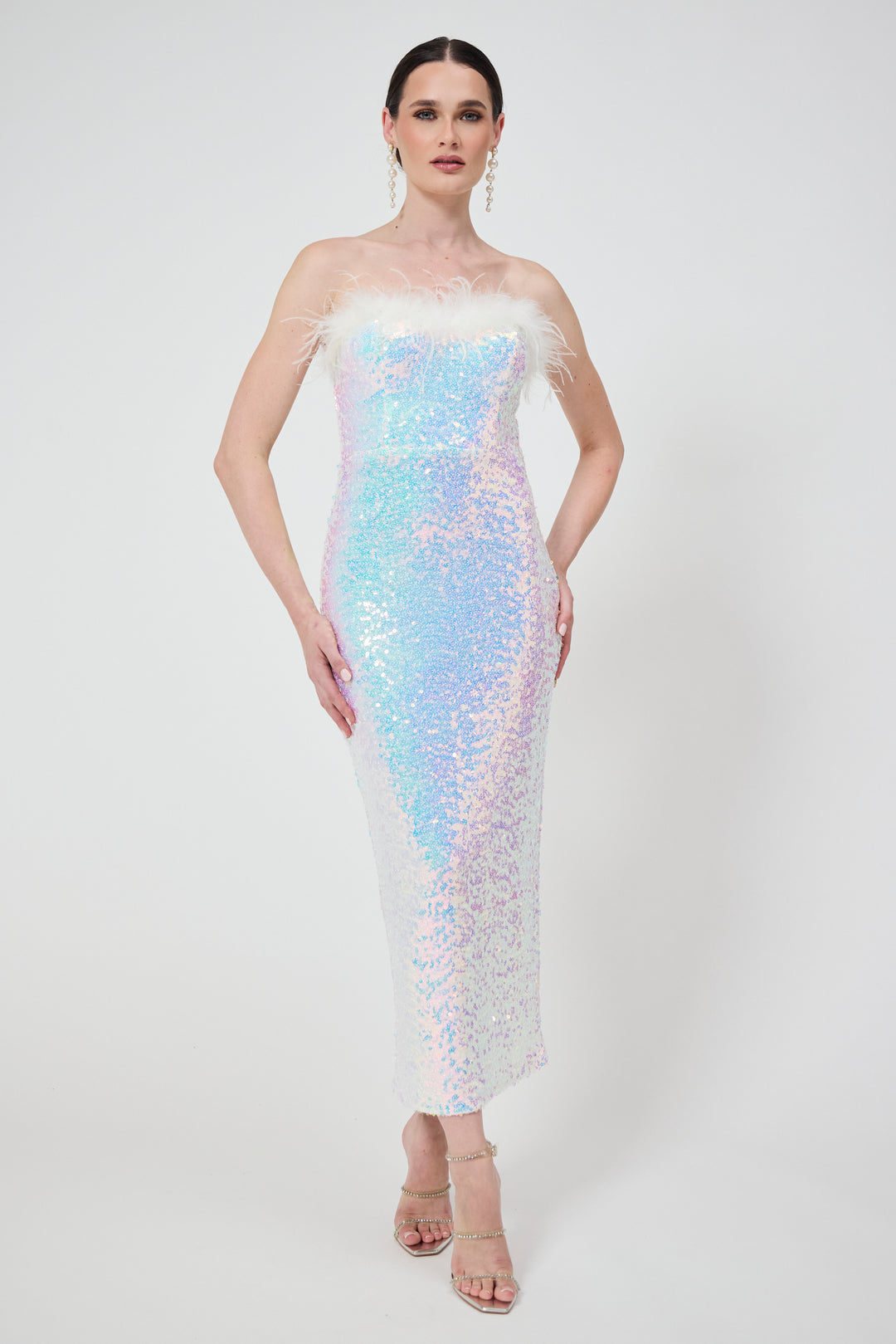 Selene - White Bandeau Sequin Midi Dress