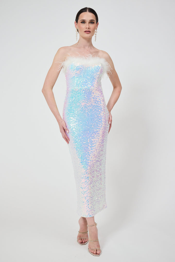 Selene - White Bandeau Sequin Midi Dress