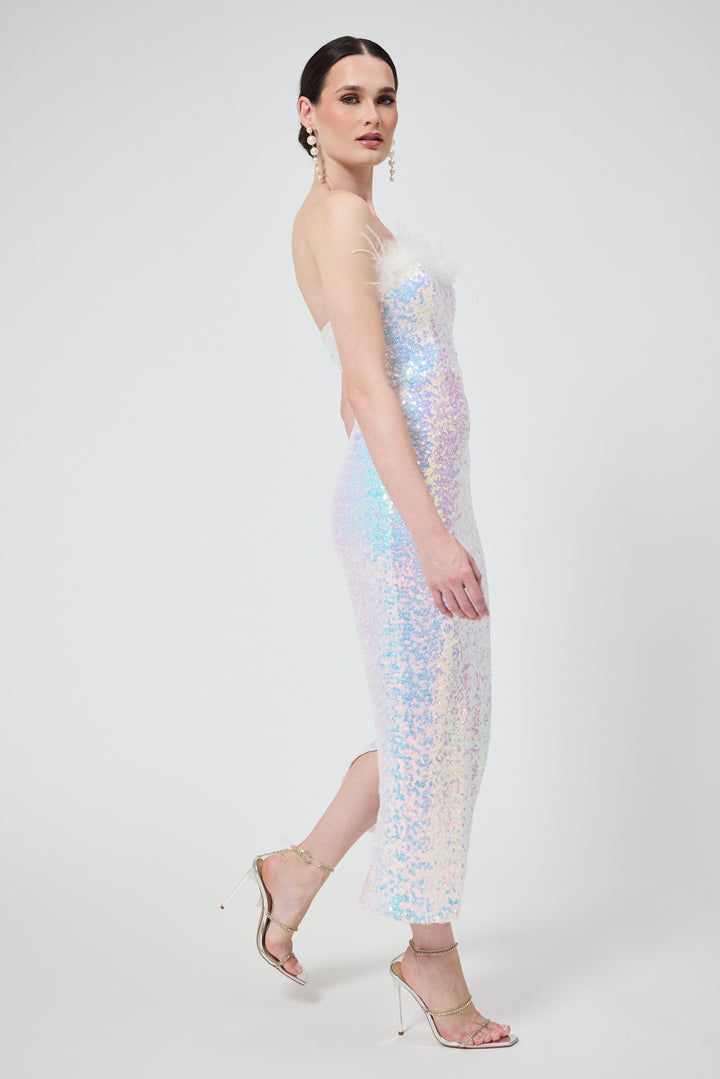Selene - White Bandeau Sequin Midi Dress