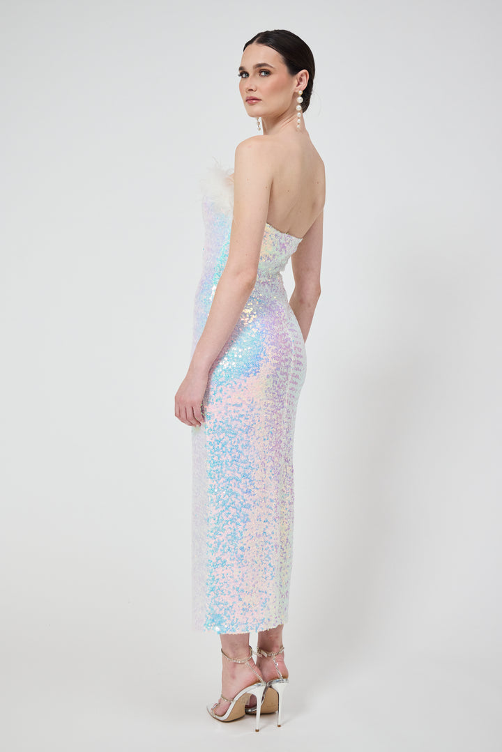 Selene - White Bandeau Sequin Midi Dress