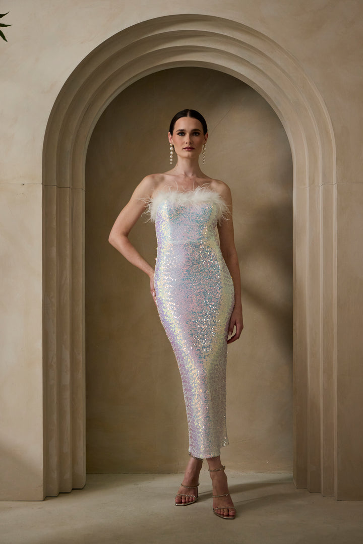 Selene - White Bandeau Sequin Midi Dress