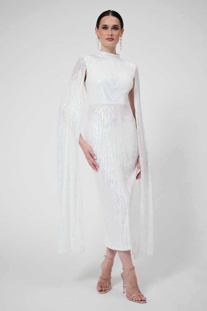 Alexandra - White Cape Sleeve Sequin Midi Dress