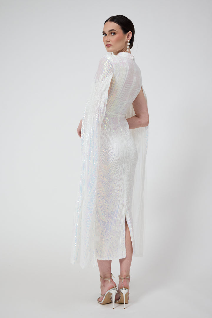 Alexandra - White Cape Sleeve Sequin Midi Dress