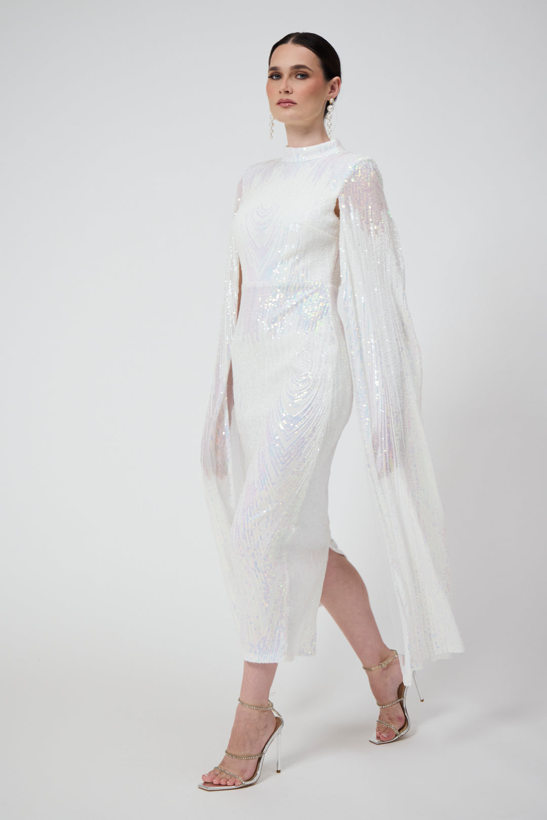 Alexandra - White Cape Sleeve Sequin Midi Dress