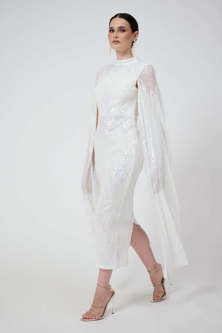Alexandra - White Cape Sleeve Sequin Midi Dress