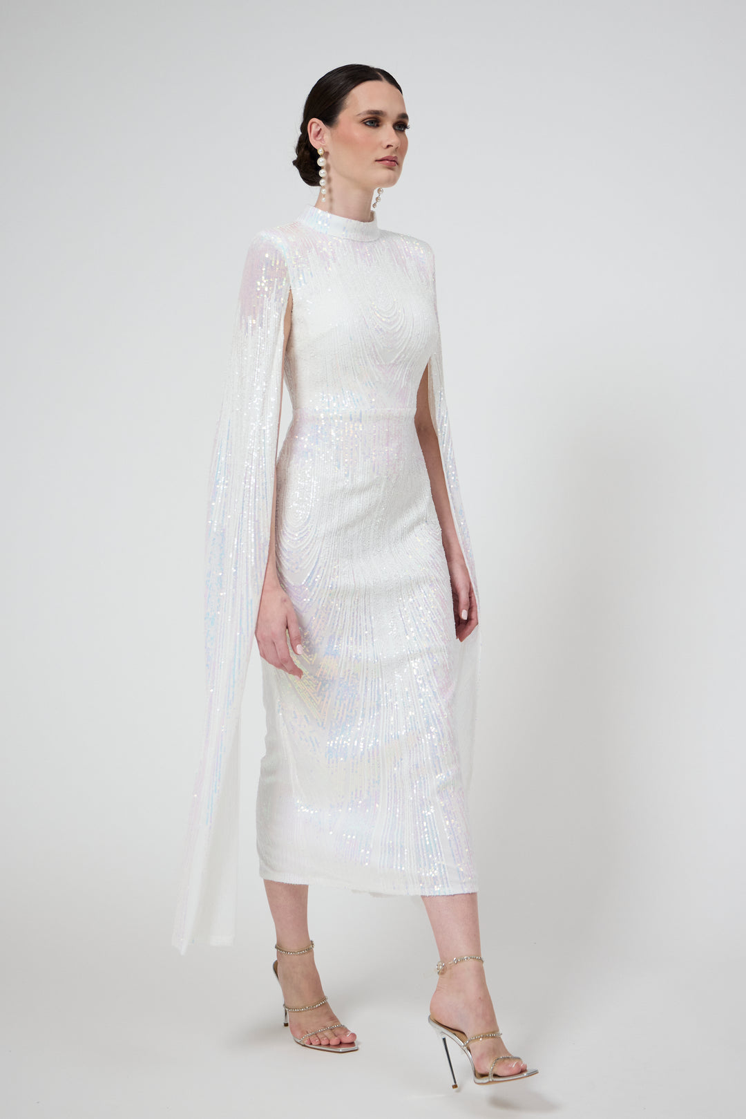 Alexandra - White Cape Sleeve Sequin Midi Dress