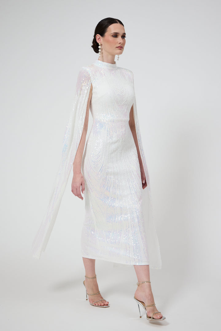 Alexandra - White Cape Sleeve Sequin Midi Dress