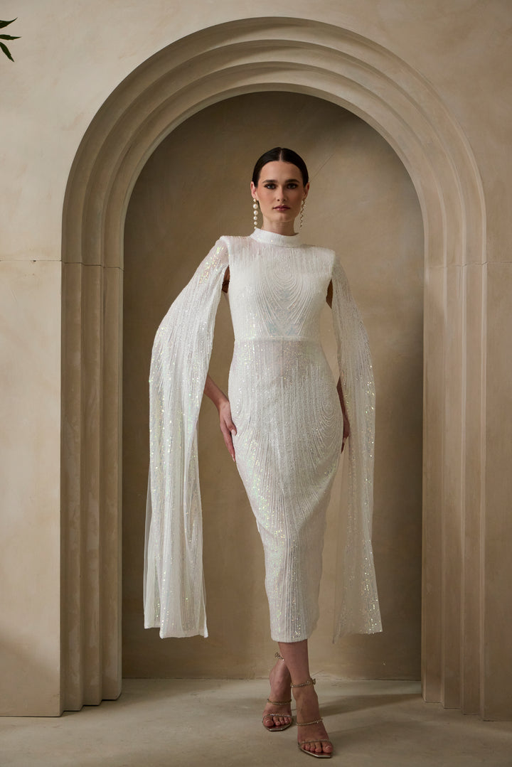 Alexandra - White Cape Sleeve Sequin Midi Dress