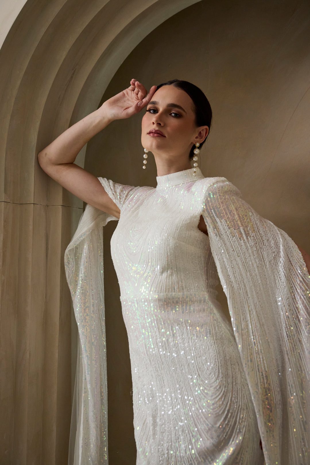 Alexandra - White Cape Sleeve Sequin Midi Dress