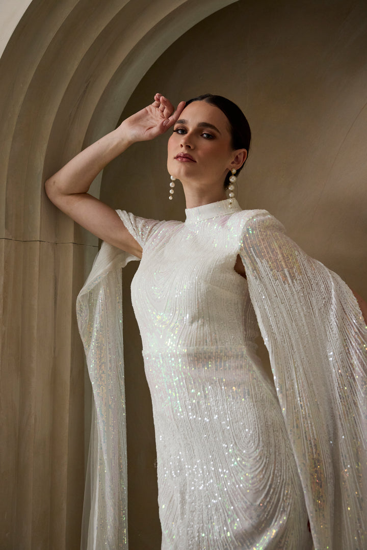 Alexandra - White Cape Sleeve Sequin Midi Dress